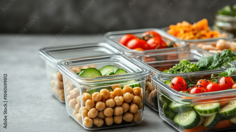 Containers for preparing healthy meals that include avocados, tomatoes, cucumbers, chicken, and chickpeas. A nutritious meal in glass jars with a rustic beige backdrop. idea of zero waste. a focused. Containers for preparing healthy meals that include avocados, tomatoes, cucumbers, chicken, and chickpeas. A nutritious meal in glass jars with a rustic beige backdrop. idea of zero waste. a focused.