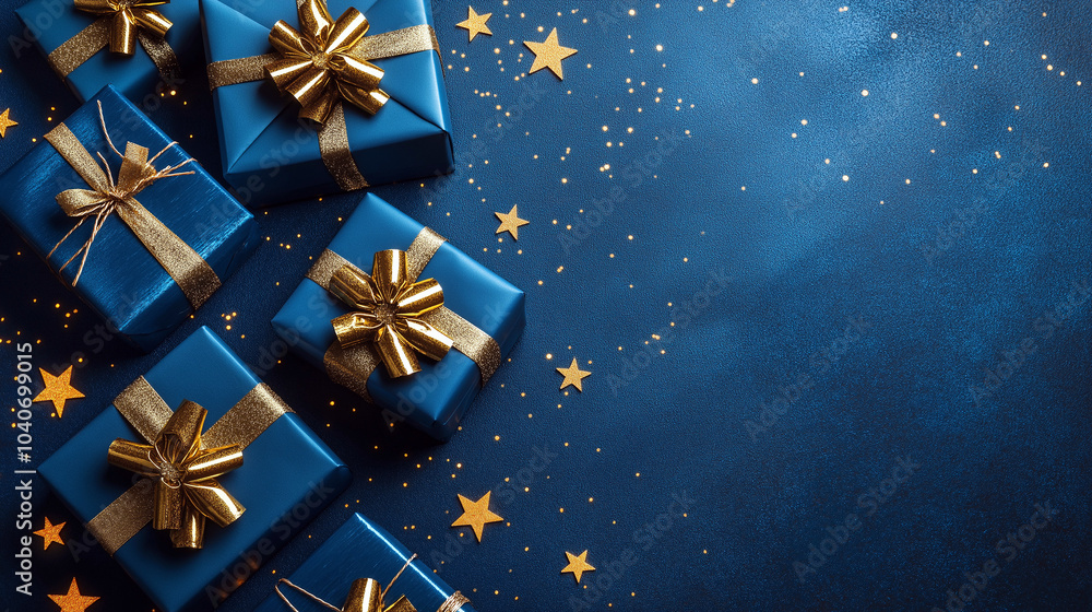 A blue background with a bunch of gold wrapped presents on it A blue background with a bunch of gold wrapped presents on it