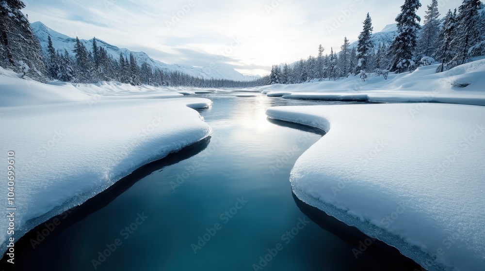 A pristine river winds gently through a snow-laden landscape, flanked by towering pine trees under a winter sky, capturing the silent majesty of nature. A pristine river winds gently through a snow-laden landscape, flanked by towering pine trees under a winter sky, capturing the silent majesty of nature.
