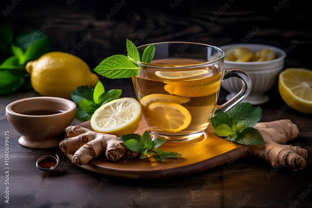 Warm ginger tea with lemon and mint served on a wooden tray in a cozy kitchen setting Warm ginger tea with lemon and mint served on a wooden tray in a cozy kitchen setting