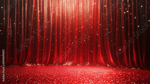 A red curtain with glittery red fabric hanging from it .Curtain, sequined drape.