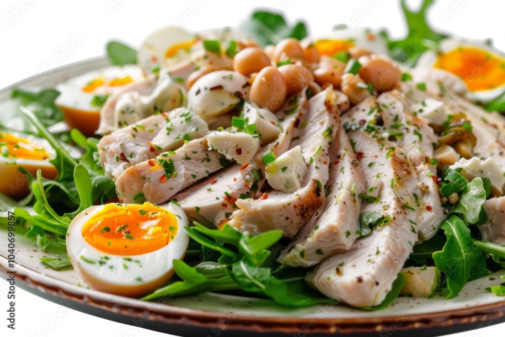 Chicken Mayonnaise Salad with Sliced Poultry Meat, Quail Eggs, Greens, Olivier Salat with Sliced Meat Chicken Mayonnaise Salad with Sliced Poultry Meat, Quail Eggs, Greens, Olivier Salat with Sliced Meat