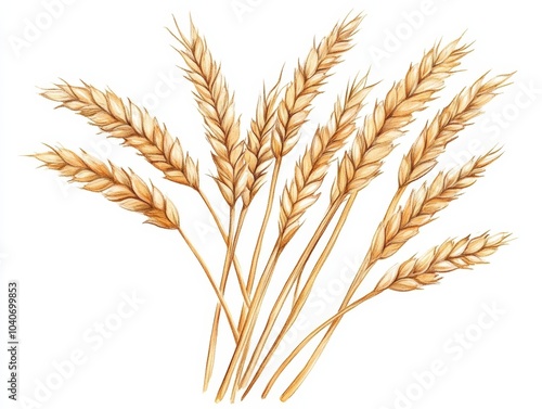 Wheat stalks arranged in a beautiful bunch on a white isolated background.