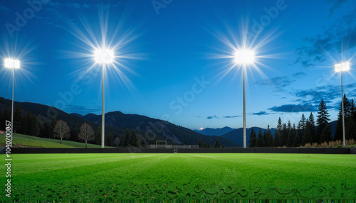 Illuminated sports field at dusk with mountain backdrop photo