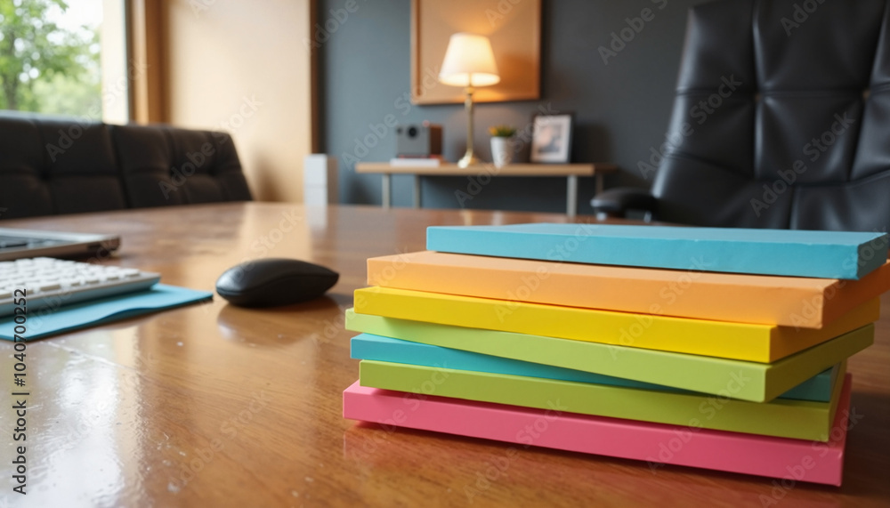 Colorful notebooks on wooden desk in modern office Colorful notebooks on wooden desk in modern office