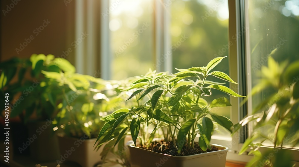 A close-up of three potted plants growing on a windowsill, bathed in the warm glow of the sun. A close-up of three potted plants growing on a windowsill, bathed in the warm glow of the sun.