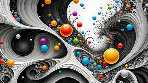 abstract fractal background. black and white waves with multi-colored bubbles on a black background. wallpaper