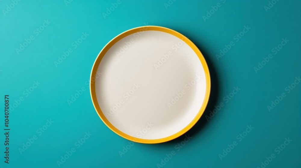 Empty white plate with yellow rim on a turquoise background. Minimalist and modern design concept Empty white plate with yellow rim on a turquoise background. Minimalist and modern design concept