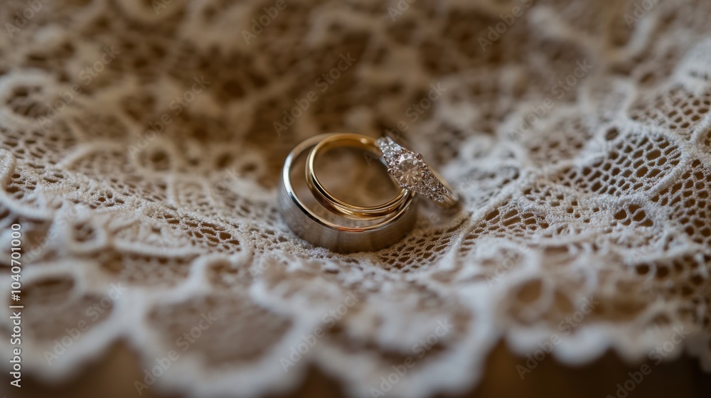 Wedding rings delicately intertwined on a lace cushion, Wedding scene, Romantic style Wedding rings delicately intertwined on a lace cushion, Wedding scene, Romantic style