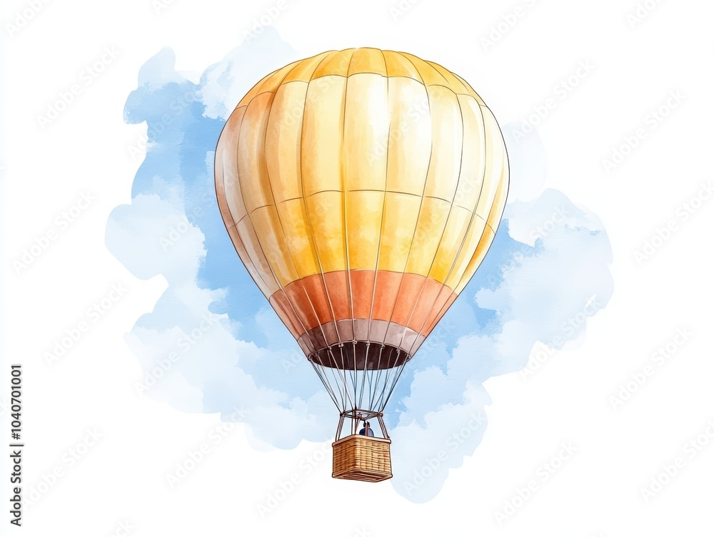 Naklejka premium Colorful hot air balloon soaring in a blue sky with soft clouds.