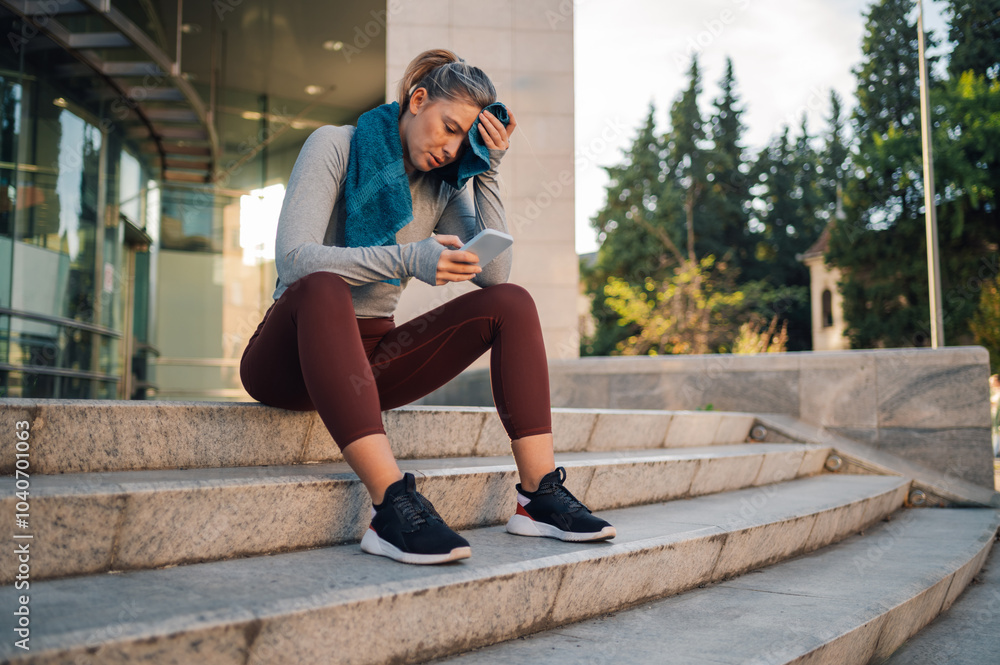 Tired female athlete checking her phone after outdoor training session Tired female athlete checking her phone after outdoor training session