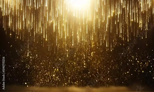 Golden Stage Opening with Glitter Animation, Spotlights, and Luxury Gold Light Streaks for a Ceremonial Event