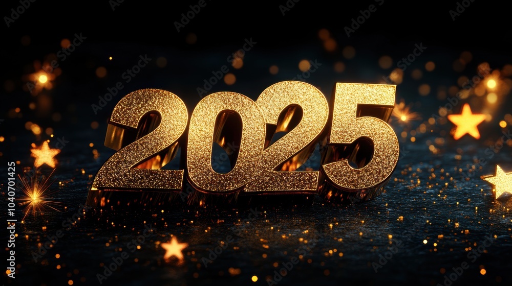 Glittering golden numbers 2025 with sparkles on dark background. New Year celebration concept Glittering golden numbers 2025 with sparkles on dark background. New Year celebration concept