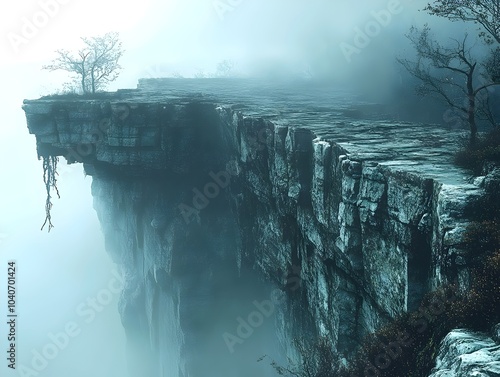 Misty cliff edge with a lone tree, shrouded in fog, emphasizing solitude and nature's raw beauty.