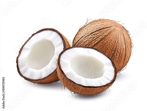 Whole and sliced coconut on a white isolated background.