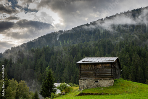 Swiss alpine village and meadows in the mountains