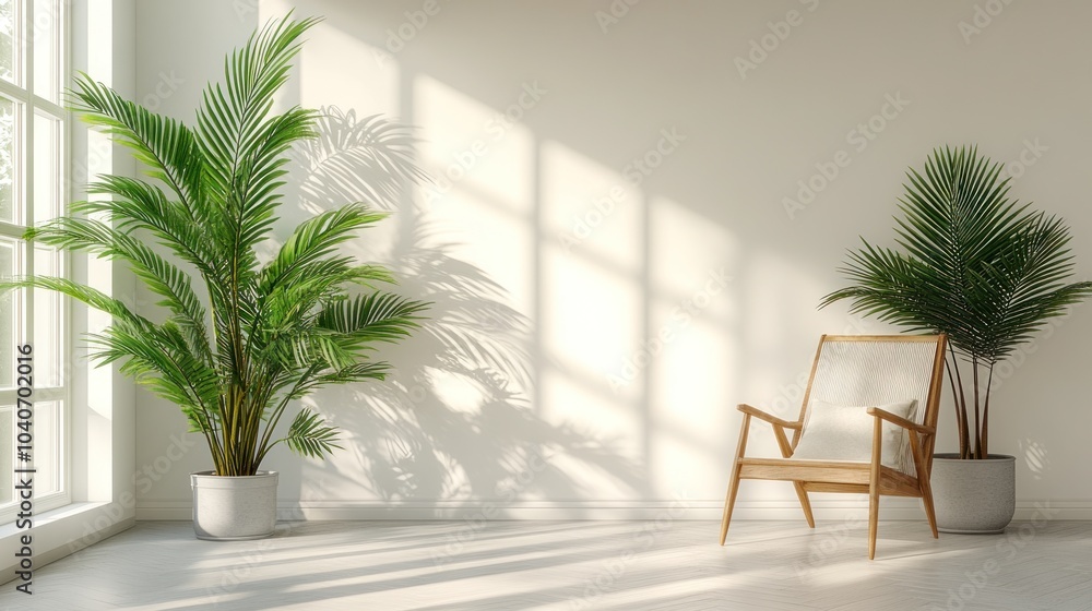 Bright interior with plants and a wooden chair. Bright interior with plants and a wooden chair.