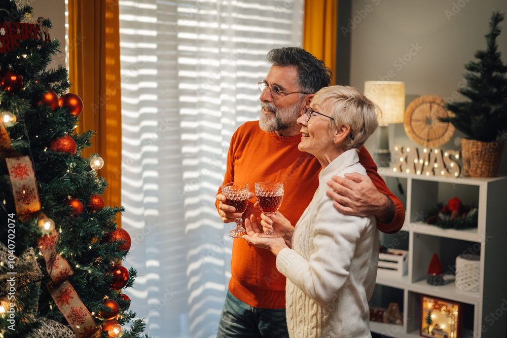 Senior couple embracing and holding wine in front of christmas tree Senior couple embracing and holding wine in front of christmas tree