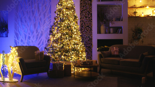 Cozy christmas scene with a beautifully decorated tree and gifts, glowing warmly in a festive living room. Perfect for celebrating the holiday season
