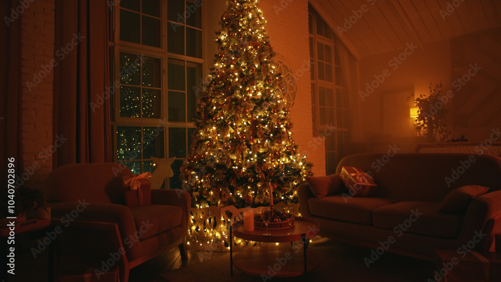 Decorated christmas tree is standing between two armchairs, illuminating a cozy living room with warm lights at night Decorated christmas tree is standing between two armchairs, illuminating a cozy living room with warm lights at night
