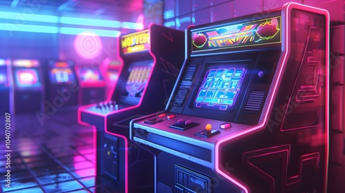 A retro arcade with brightly lit arcade cabinets, showcasing classic arcade games