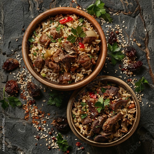 Turshu and Roast Meat, Lamb Pilaf with Dried Fruits, Rice and Herbs on Moss Background, Exquisite Serving photo