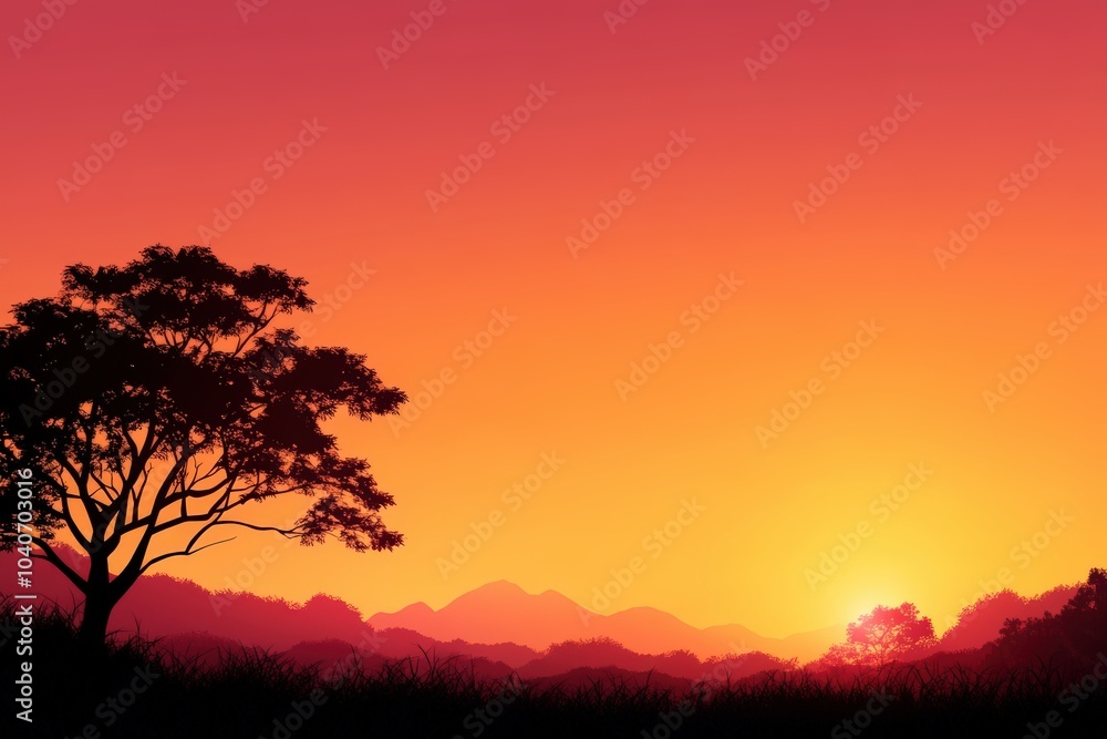 Silhouette of a tree against a vibrant sunset with mountains in the background. Silhouette of a tree against a vibrant sunset with mountains in the background.
