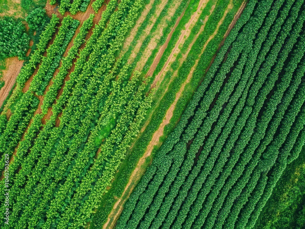 Aerial view a farm implementing AI-based irrigation and pest control systems Aerial view a farm implementing AI-based irrigation and pest control systems