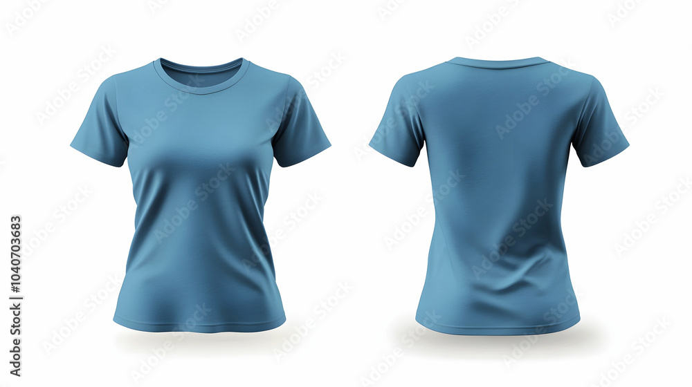 Fototapeta premium Photo realistic female blue t-shirts with copy space, front and back view -