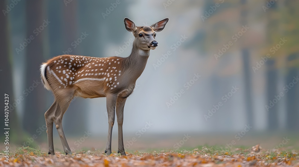 A young deer with a spotted coat stands gracefully in a misty forest surrounded by autumn leaves. A young deer with a spotted coat stands gracefully in a misty forest surrounded by autumn leaves.