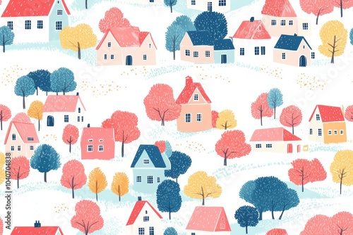 Colorful illustration of houses and trees in a whimsical, patterned design.