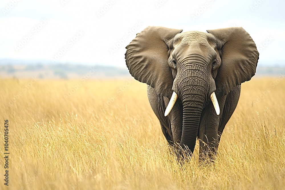 Fototapeta premium Majestic elephant walks gracefully through tall grass on a sunny day, showcasing its strength and beauty in the wild, copy space