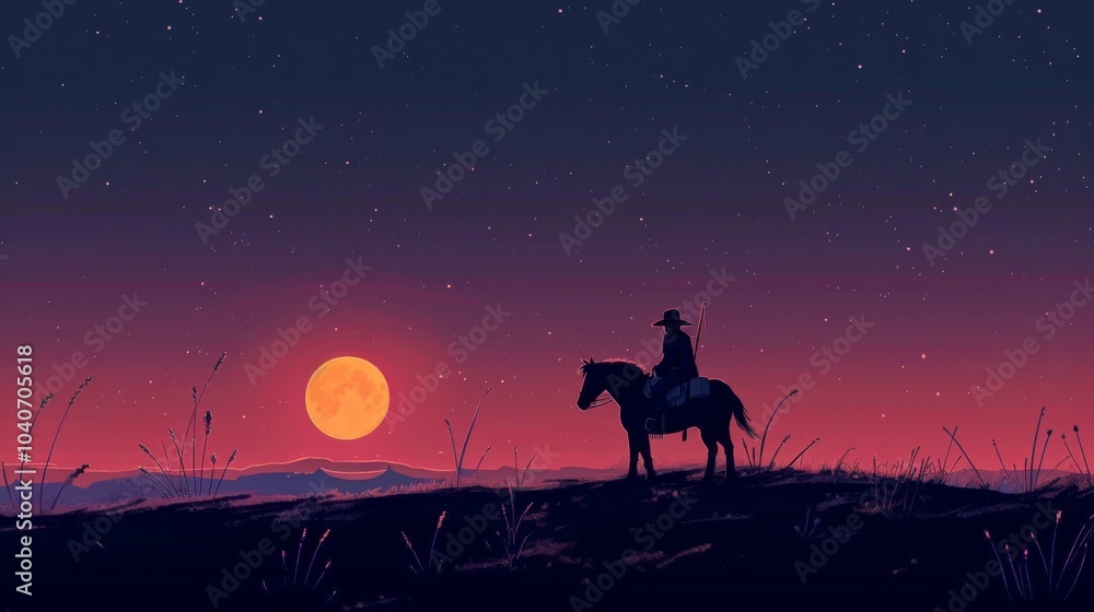 A silhouetted cowboy on horseback gazes at a vivid starry sky and full moon on the horizon, evoking feelings of solitude and adventure on the open plains. A silhouetted cowboy on horseback gazes at a vivid starry sky and full moon on the horizon, evoking feelings of solitude and adventure on the open plains.