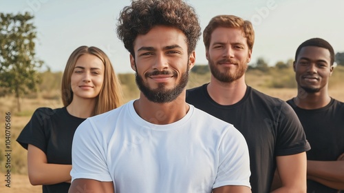 A diverse group of friends smiling together outdoors under sunny skies, enjoying a moment of camaraderie in a natural landscape