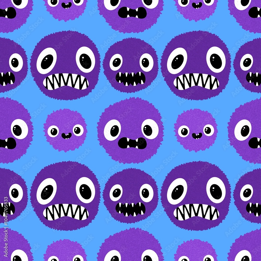 Fototapeta premium Cartoon circle monsters with teeth seamless Halloween animals pattern