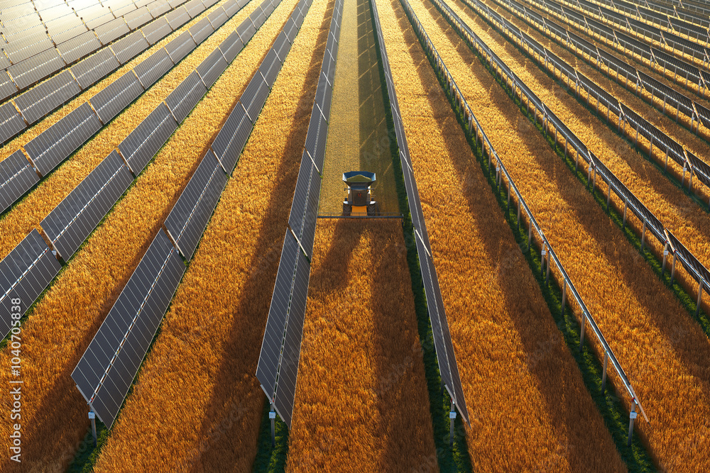 Aerial View of Solar Panels and Combine Harvester Working in Sunlit Wheat Field
