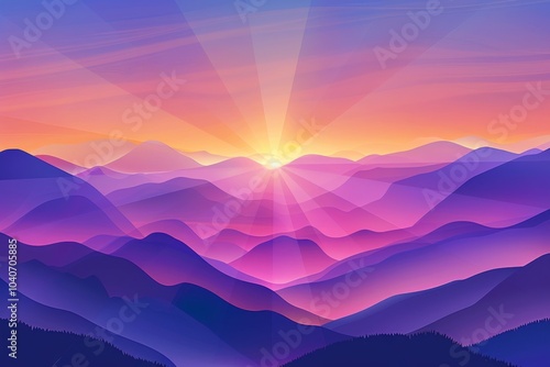 Sunrise Landscape Flat Illustration, Color Dawn in Mountains, Sunset Sun Beams Landscape