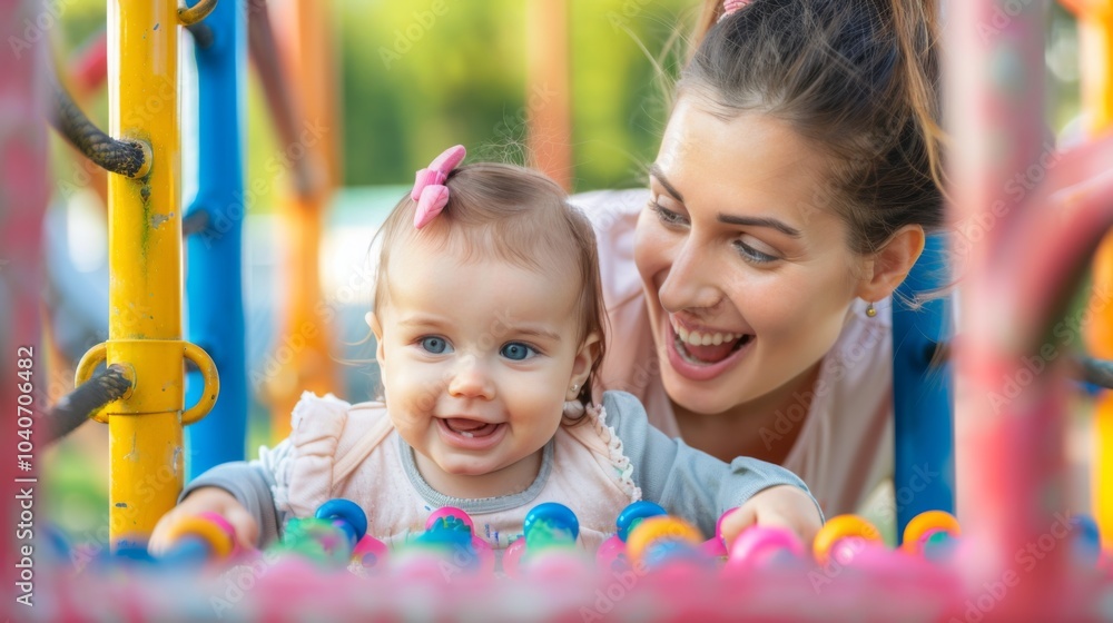 A smiling mother and her happy baby play surrounded by vibrant colors at a playground, capturing a joyful and nurturing moment in outdoor fun surrounded by toys. A smiling mother and her happy baby play surrounded by vibrant colors at a playground, capturing a joyful and nurturing moment in outdoor fun surrounded by toys.