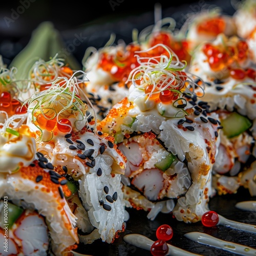 Uramaki sushi rolls with cream cheese, snow crab, cucumber, flying fish caviar, mayonnaise, lemonillustration photo