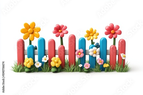 Colorful flowers and fence on white isolate background.