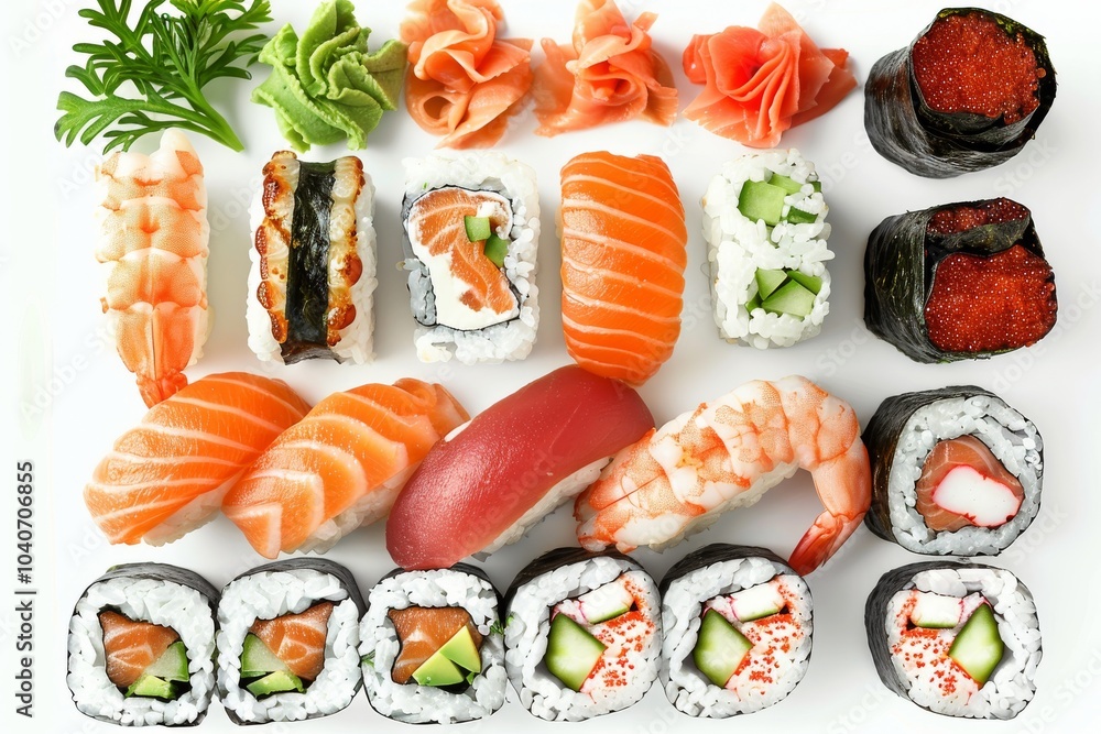 Sushi Rolls Set with Salmon, Shrimps, Cucumber and Philadelphia Cream Cheese Isolated on White Sushi Rolls Set with Salmon, Shrimps, Cucumber and Philadelphia Cream Cheese Isolated on White