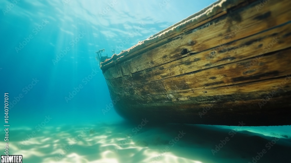 A close-up of an ancient sunken boat buried in the sand at the bottom underwater. Muddy blue-green water, weak rays of the sun at the bottom A close-up of an ancient sunken boat buried in the sand at the bottom underwater. Muddy blue-green water, weak rays of the sun at the bottom