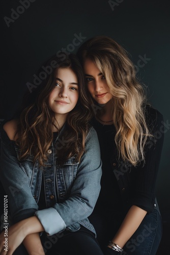 Two young women posing closely together with smiles against a dark background in a cozy indoor setting