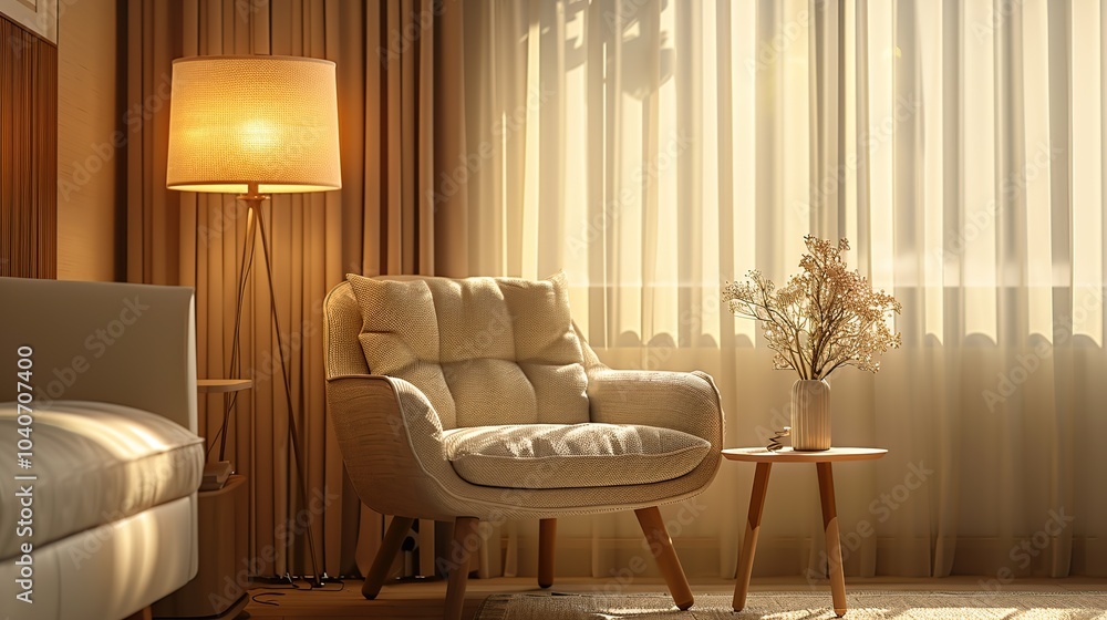 A comfortable living room with a soft armchair, a floor lamp, a small table, and a vase of flowers. The sun is shining through the window, creating a warm and inviting atmosphere. A comfortable living room with a soft armchair, a floor lamp, a small table, and a vase of flowers. The sun is shining through the window, creating a warm and inviting atmosphere.