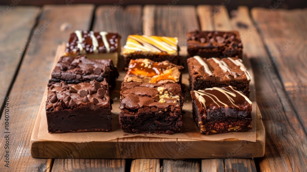 This image displays a variety of delicious chocolate brownies arranged neatly on a rustic wooden board, showcasing different toppings and flavors in a captivating manner. This image displays a variety of delicious chocolate brownies arranged neatly on a rustic wooden board, showcasing different toppings and flavors in a captivating manner.