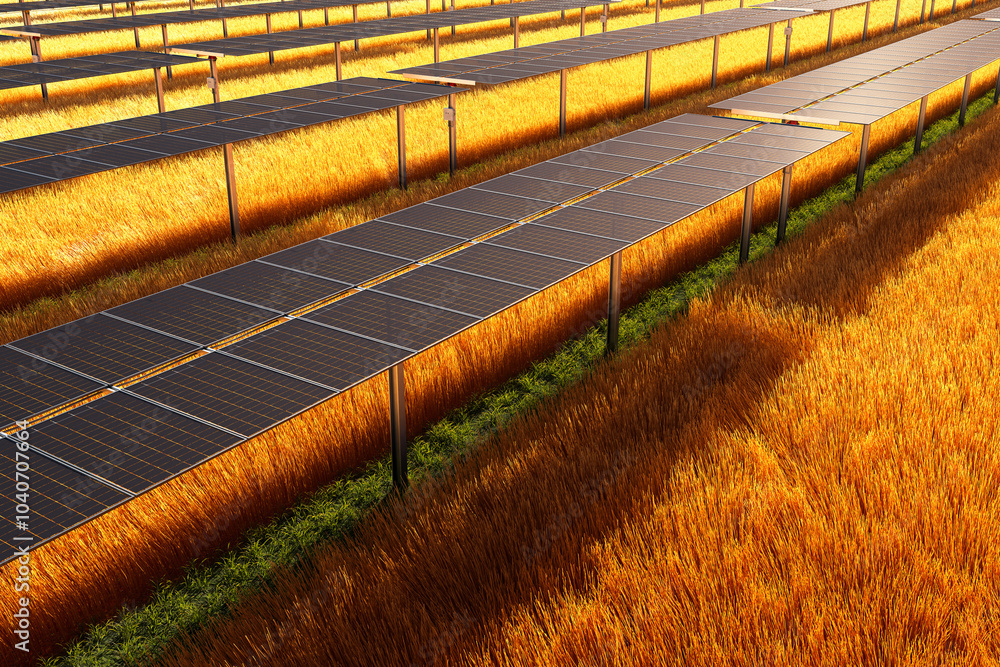 Solar Panels Amidst Wheat Field Illustrating Renewable Energy in Agriculture