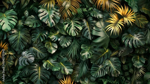 A lush collection of tropical leaves featuring monstera and palm varieties in vibrant greens and yellows, creating a rich visual tapestry of nature's bounty.