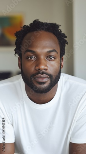 A man is sitting indoors, looking directly at the camera with a calm expression. He has curly hair and a beard, wearing a simple white t-shirt, surrounded by soft, natural light