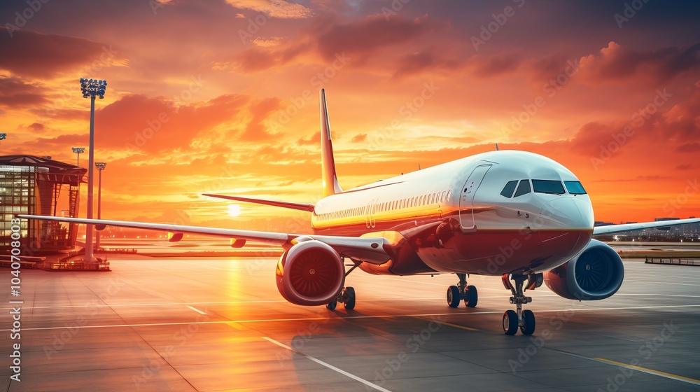 Airplane on the tarmac during a vibrant sunset at the airport Airplane on the tarmac during a vibrant sunset at the airport