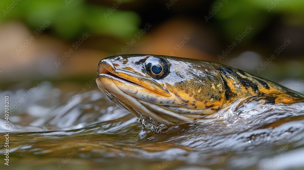 Close-up of a fish swimming in a stream. Close-up of a fish swimming in a stream.